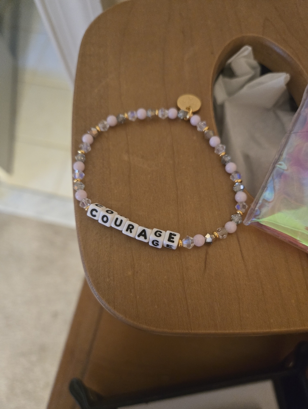 Little Words Project Courage Beaded Stretch Bracelet in Light Pink & Gold
